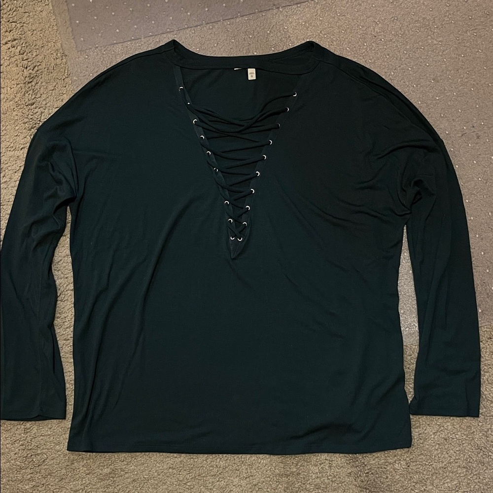 Express Dark Green Lace-Up Long Sleeve Top, size Large.